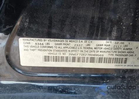 2007 Volkswagen Jetta Wolfsburg Edition from USA, damaged, VIN 3VWEF71K27M089569